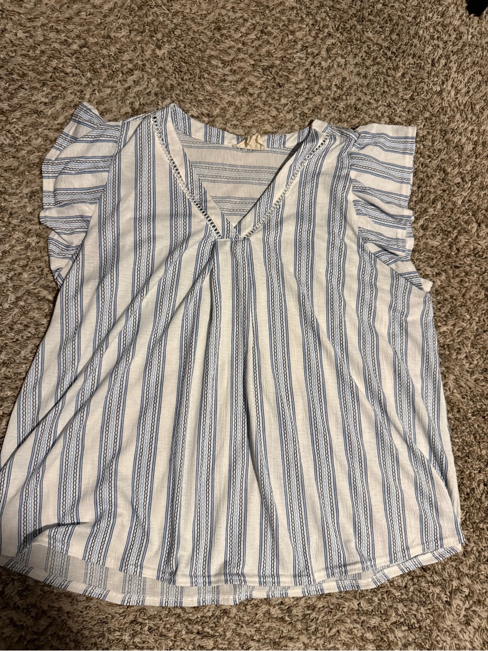 Women’s Blue Striped V-Neck Ruffle Sleeve Top
